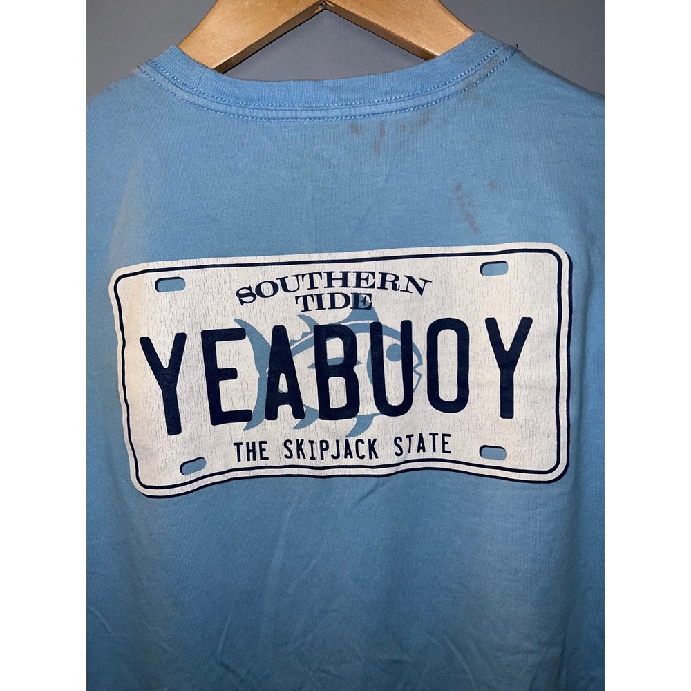 Southern Tide Mens Small Blue Yeabuoy License Plate Graphic Pocket T-Shirt - Picture 2 of 7